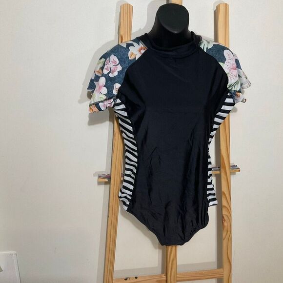 No Brand Other - One piece swimsuit women’s size XL, floral, black and white stripes zip closure